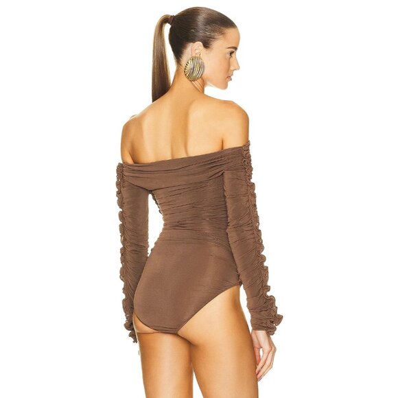 Saint Laurent Off the Shoulder Bodysuit in Terre Brown Long Sleeve - Picture 4 of 5
